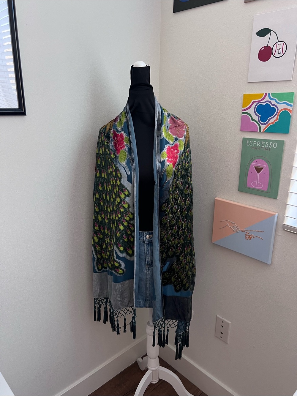 Vintage Y2K J&X NY Peacock Floral Silk Velvet Scarf